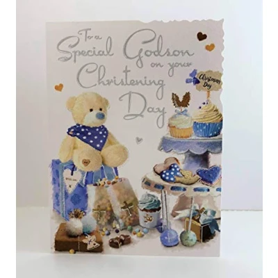 Image of Jonny Javelin Special Grandson On Your Christening Day Card Boy Teddy Bear