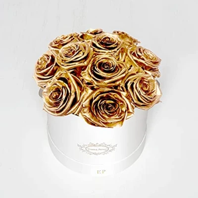Image of A 100% Real Roses That Last Years Eternal Petals, Handmade in UK Dozen Roses, Round White Flower Box (Gold)
