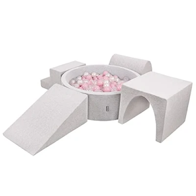 Image of KiddyMoon Foam Playground For Kids With Round Ballpit (300 Balls) Obstacle Course, Lightgrey:Powderpink/Pearl/Transparent