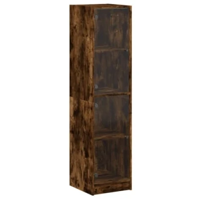 Image of vidaXL Highboard with Glass Doors Smoked Oak, Engineered Wood Cabinet, 4 Compartments, 35x37x142cm, Modern Storage for Dining/Living Room