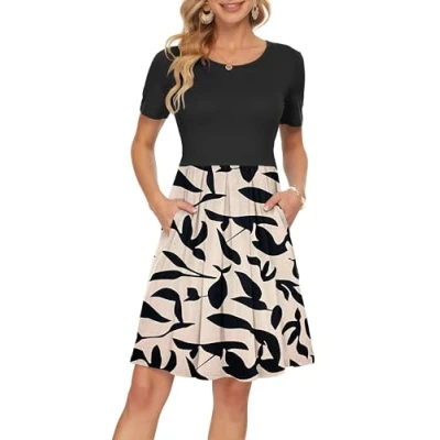 Image of AUSELILY Womens Summer Dress Casual Bodycon Short Sleeve Pleated Loose Swing with Pockets Knee Length Apricot Black Leaves 2XL