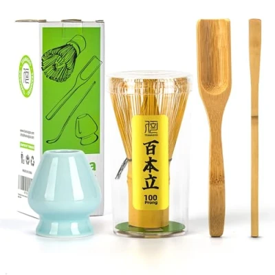 Image of TEANAGOO Japanese Matcha Ceremony Accessory, Whisk (Chasen), Traditional Scoop (Chashaku), Tea Spoon, Blue Celadon Holder,I2, The Perfect Set to Prepare a Cup of Matcha.