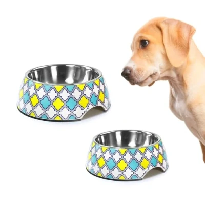 Image of Record Majolica Dog Bowl Stainless Steel and Melamine Equipped with Non Slip Rubber Pads Dimensions: Diameter 22 cm Capacity 700 ml Geometric Rhomboidal Pattern Multicoloured