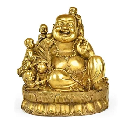 Image of Feng Shui Brass Maitreya Laughing Buddh, Decor Buddha Statue, Decoration Wealth and Good Luck Home Office Ornament, 5.9inchs