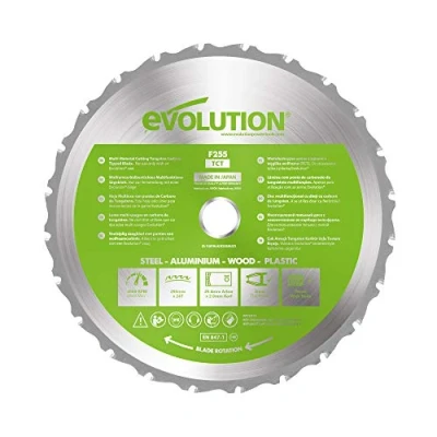 Image of Evolution Power Tools F255TCT 24T (Fury) Multi Material Blade For Mitre Saws and Table Saws, Cuts Metal, Plastics, Laminates, Wood (Even with Embedded Nails), Carbide Tipped TCT, 255 mm