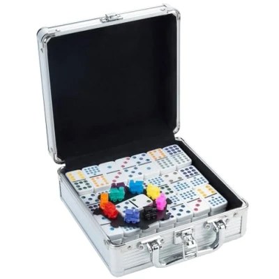 Image of Engelhart 250160 Mexican Train Dominoes Set D12 Metal Case + Accessories Complete 91 2 to 8 Players