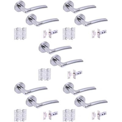 Image of HANDLEZONE® 5 Sets Columba Premium Internal Door Handles on Rose Lever Latch Packs with 75mm Ball Bearing Hinges and 76mm Latches Dual Polished/Satin Chrome