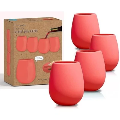Image of Sili Wraps Unbreakable Silicone Wine Glasses Set of 4 12oz BPA Free Stemless Outdoor Cups Coral