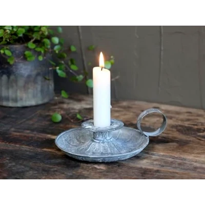 Image of Antique Zinc Metal Chamberstick Candle Holder French Grey Shabby Chic
