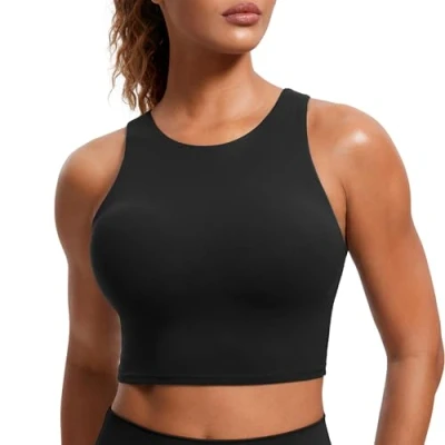 Image of CRZ YOGA Women&#039;s Butterluxe Racer Back Padded Sports Bra High Neck Longline Crop Top Gym Workout Tank Tops with Built in Black 16