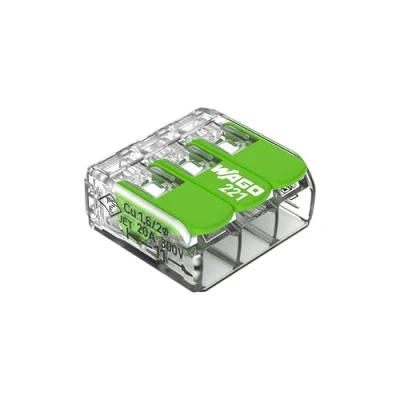 Image of WAGO Green Range Terminal Block 3 Wire, to 4 mm², Splicing Connectors Pole with Lever for All Conductor Types Pluggable, 221 423, 50 pcs