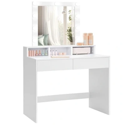 Image of VASAGLE Dressing Table, LED Lights with Adjustable Brightness, Vanity Table Mirror, 2 Drawers and 3 Compartments, Makeup Modern, White RDT194T14