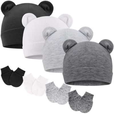Image of DRESHOW Newborn Baby Beanie Hat and Gloves, Girl Spring Summer Autumn Winter Hats for 0 6 Months Infant Cotton
