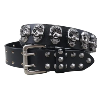 Image of Surrycee Black,105cm(34&quot; 36&quot;), Rivet Belt Genuine Leather with Skull Studded Rock Punk Gothic for Jeans Rockwear Men/Women, 3.8cm Wide