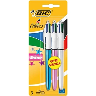Image of BIC Shine Retractable Ballpoint Pen Blister Pack of 3 Assorted Colours