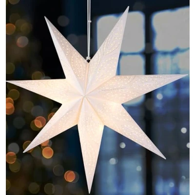 Image of BRUBAKER 23.6 inches (60 cm) Paper Christmas Star for Hanging LED Advent Decoration and Windows 3D with Timer Function Light Illuminable Battery White