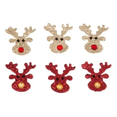 Image of Christmas Red &amp; Gold Glitter Sticker Embellishment Self Adhesive Reindeer or Stocking (Reindeer x 6)