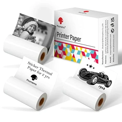 Image of Phomemo White Sticker Paper Printable Thermal Strong Self Adhesive Oil Proof Water 53 x 30mm for M832/M833/M02/M02Pro/M02S/M03/M04 Pocket Printer, 3 Roll