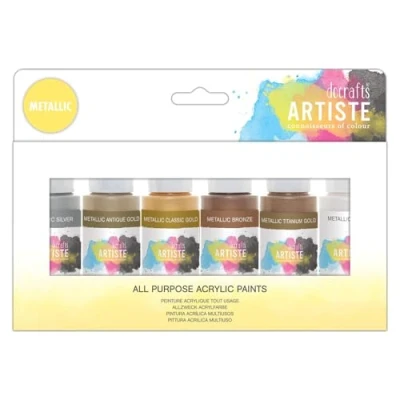 Image of Artiste Acrylic Paint Set Pack of 6X 59ml 2oz Metallic Colours, Quick Drying Professional Art and Hobby Craft Artists Paint, Water Based Paints Cover All Surfaces with Ease, Ideal for Travel