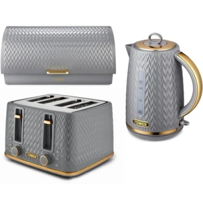Image of TOWER Empire Grey Kitchen Set Including Jug Kettle, 4 Slice Toaster and Roll Top Bread Bin. Matching Art Deco Design of 5 Items in with Brass Accents