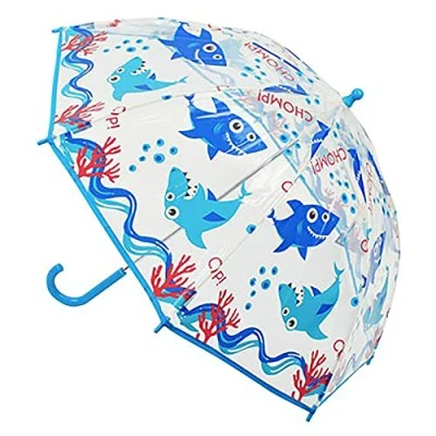 Image of KAV Kids Transparent School Umbrella Boys and Girls Sweet, Beautiful, Lightweight Design Dome Parasol for Your Child (Poe Shark)