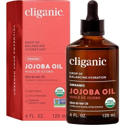 Image of Certified Organic Moisturizing Jojoba Oil 120ml 100% Pure Natural Cold Pressed Unrefined, Hexane Free Carrier for Hair Face &amp; Nails Cliganic 90 Days Warranty