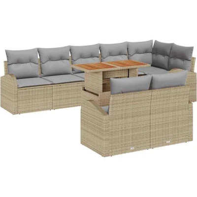 Image of vidaXL 9 Piece Garden Dining Set with Cushions Beige Poly Rattan Acacia