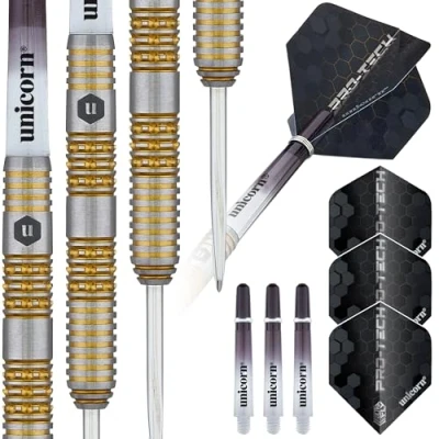 Image of Unicorn Darts Set Pro Tech Style 6 90% Natural Tungsten Barrels with Intricately Machined Golden Accents Steel Tip Volute Points 27 g