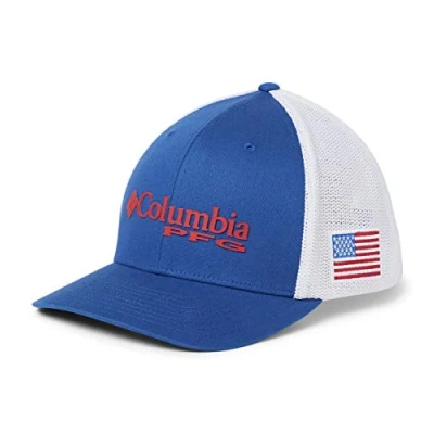 Image of Columbia Unisex PFG Mesh Ball Cap, Mountain Blue/Us Flag, S/M, S/M