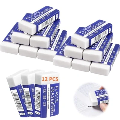 Image of 12 Pcs White Rubber Eraser, Soft Plastic Erasers, 2B Pencil Erasers for Kids, Paintings, School, Office, Home, Arts Sketches