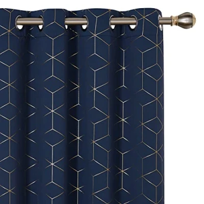 Image of Deconovo Functional Blackout Curtains, Thermal Insulated Gold Diamond Printed Eyelet Curtains for Living Room, 66 x 72 Inch(Width Length), Navy Blue, One Pair