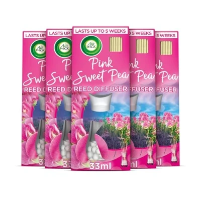Image of Air Wick Freshener Reed Diffuser, Pink Sweet Pea, Pack 5 x 33ml, Lasts up to 20 weeks, Room Diffuser