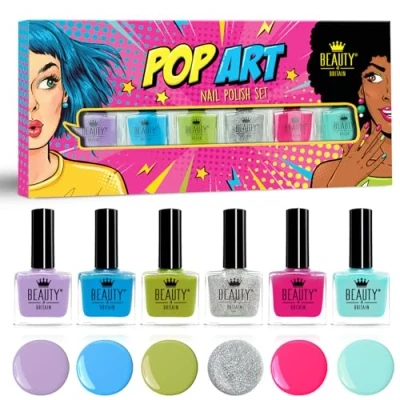 Image of Pop Art Nail Polish Set of 6 Classic Bright &amp; Vibrant Colours Collection 10ml Long Lasting Wear Easy Application by Beauty4Britain
