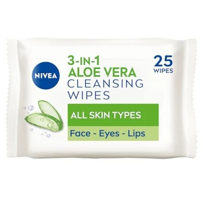 Image of NIVEA Aloe Vera Cleansing Wipes (25 Wipes), Plant Based Makeup Remover Wipes, Gentle Yet Effective Hydrating Face with Organic for Removal