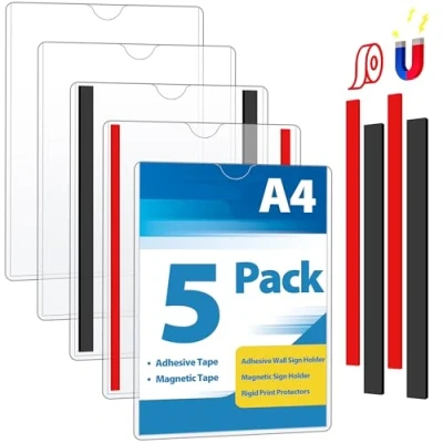 Image of VAIIGO A4 Wall Sign Holder Magnetic Frame, Holder, Rigid Print Protectors with Adhesive and Tapes, Poster Display Plastic Paper for Office, Home, Store, 5 Pcs