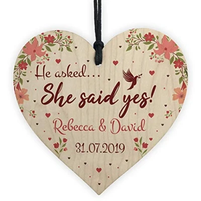 Image of RED OCEAN Personalised She Said Yes Wooden Heart Engagement Gift Unique Couple