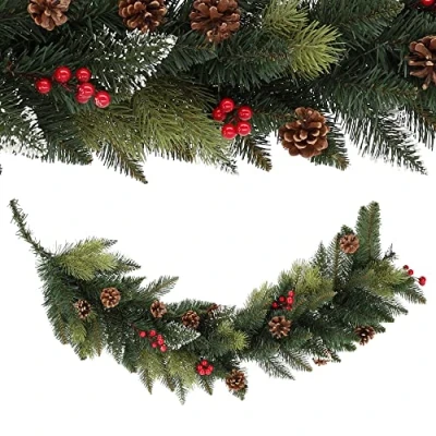 Image of KADAX Christmas Garland 115 cm, Artificial with Pine Cones and Red Berries for Fireplace, Decorative Tinsel Indoor Outdoor Use