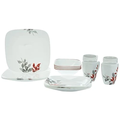 Image of Corelle 16 Piece Vitrelle Glass Kyoto Leaves Chip and Break Resistant Dinner Set, Service for 4, Red/ Grey
