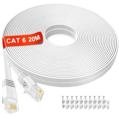 Image of Long Ethernet Cable 20m, 20m Outdoor Indoor, Cat 6 High Speed Flat Internet Cable, Pure Copper Core Network 20 meter, Gigabit LAN RJ45 Patch for Router (20 Clips)