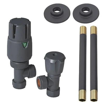 Image of Milano Pair of Anthracite Angled Thermostatic Heated Towel Rail Radiator Valves Pipe Connector Kit