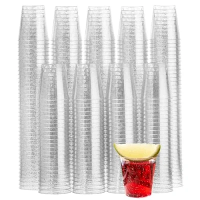 Image of MATANA 300 Plastic Shot Glasses, Silver Glitter (30ml / 1oz) Reusable Glasses Plastic, Glass, Jelly Shots, Sample Tasting Cups for Parties, Birthdays, Weddings, Hen Parties