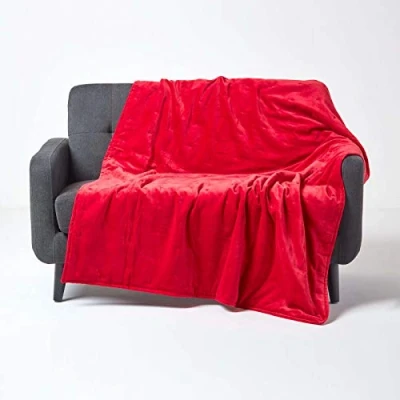 Image of HOMESCAPES Large Luxury Red Velvet Throw Super Soft Thick Cotton Blanket with Handwoven Embroidered Dots and Quilting Cosy Warm Bedspread Sofa or Bed Throw, 150 x 200 cm