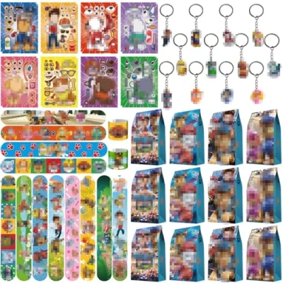 Image of Party Bag Fillers for Kids, 52PCS Kids&#039; Favours 16 Stickers 12 Paper Bags Keyrings Snap Bands Kids Childrens Stocking Boys Girls