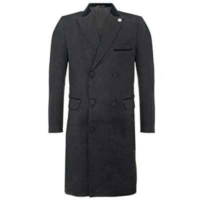 Image of TruClothing Mens 3/4 Charcoal Long Double Breasted Warm Winter Business Crombie Overcoat Wool Coat 42