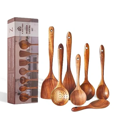Image of Wooden Spatula Set 7pcs Natural Teak Kitchen Cooking Utensil Spoon