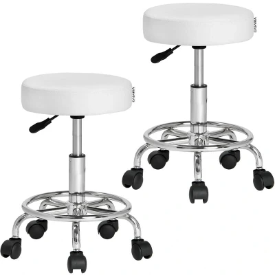 Image of CASARIA® 2 Piece Rolling Stool Set Height Adjustable 10cm Padding 360 Swivel 51 65cm Seat Footrest Stylish Office and Kitchen Stools Ergonomic Work White