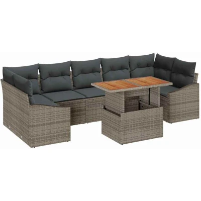 Image of vidaXL 8 Piece Garden Dining Set with Cushions Grey Poly Rattan Acacia