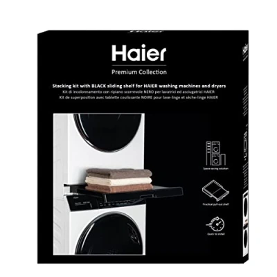Image of Haier Premium Universal Stacking Kit for Washing Machines and Tumble Dryers Space Saving with Black Anti Tipping Sliding Shelf Perfect 3 5 7 Series