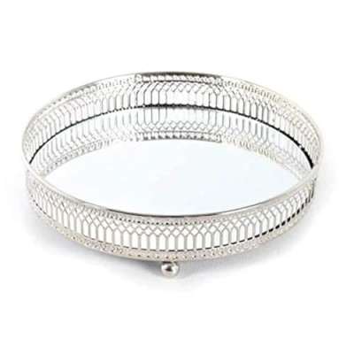 Image of KARRMA Mirror Glass Metal Antique Decorative Candle Plate Display Tray Centerpiece Tray, Perfume TrayTealight (28CM, Silver)