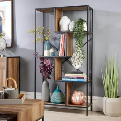 Image of Home Source Large Open Storage Shelving Display Unit, Black Metal Frame, Particle Board, Oak Effect, 5 Shelf